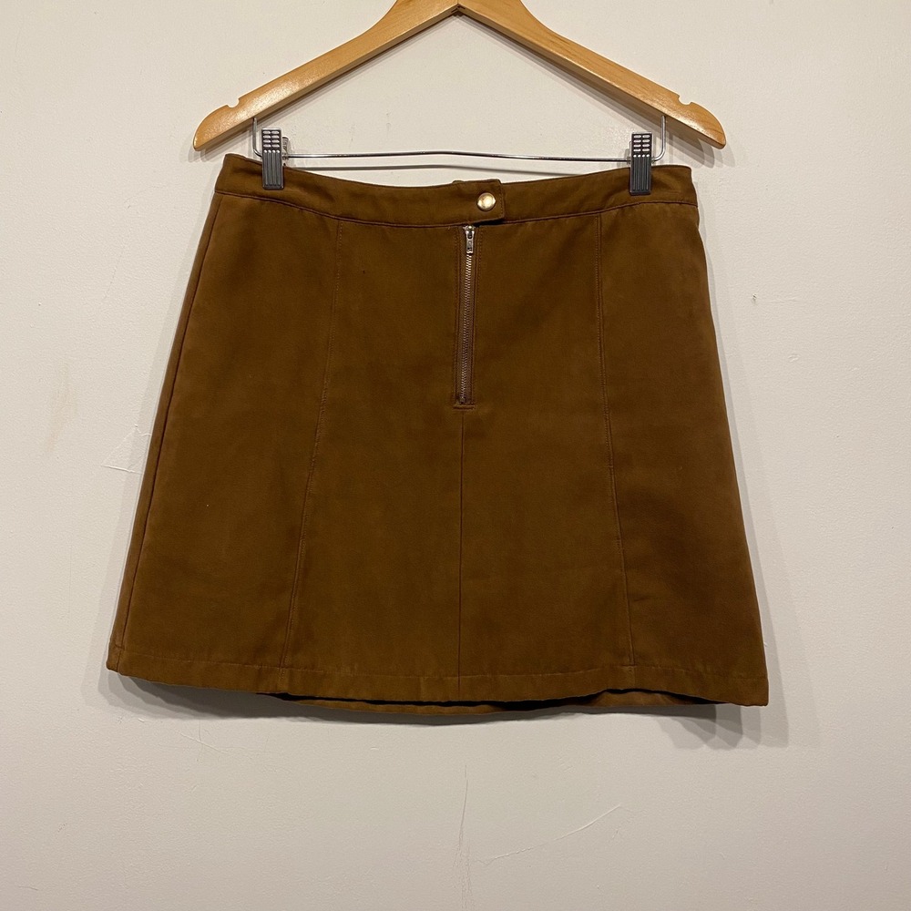 Springfield Brown Faux Suede Mini Skirt Front Zip A-Line Panelled Size 6 US